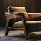 Modern brown armchair with wooden frame on a dark background