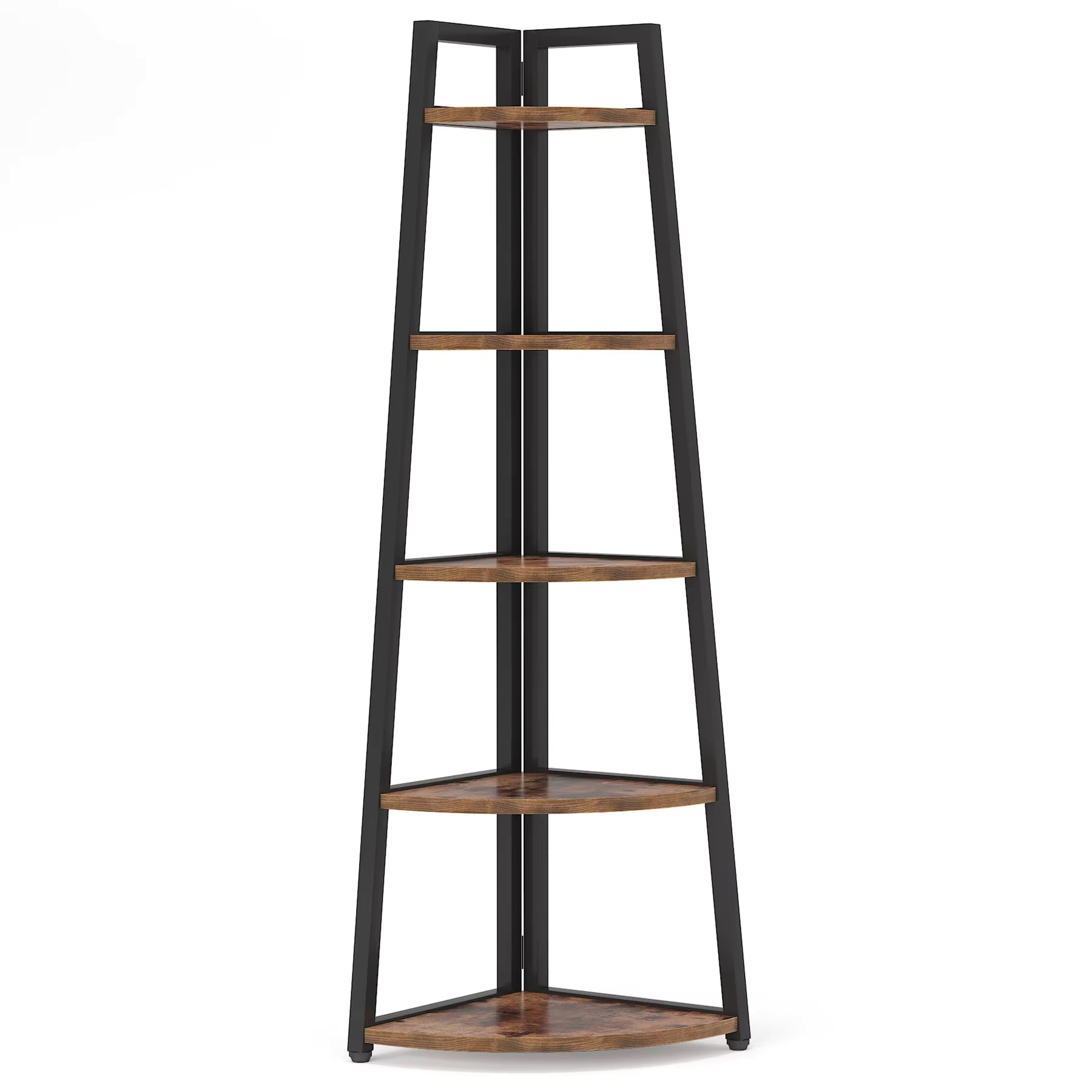 Corner shelf with black metal frame and wooden shelves on a white background