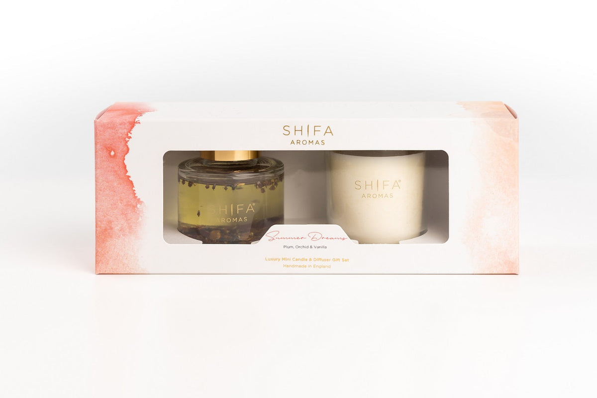 Shifa Aromas candles in a decorative box on a white background