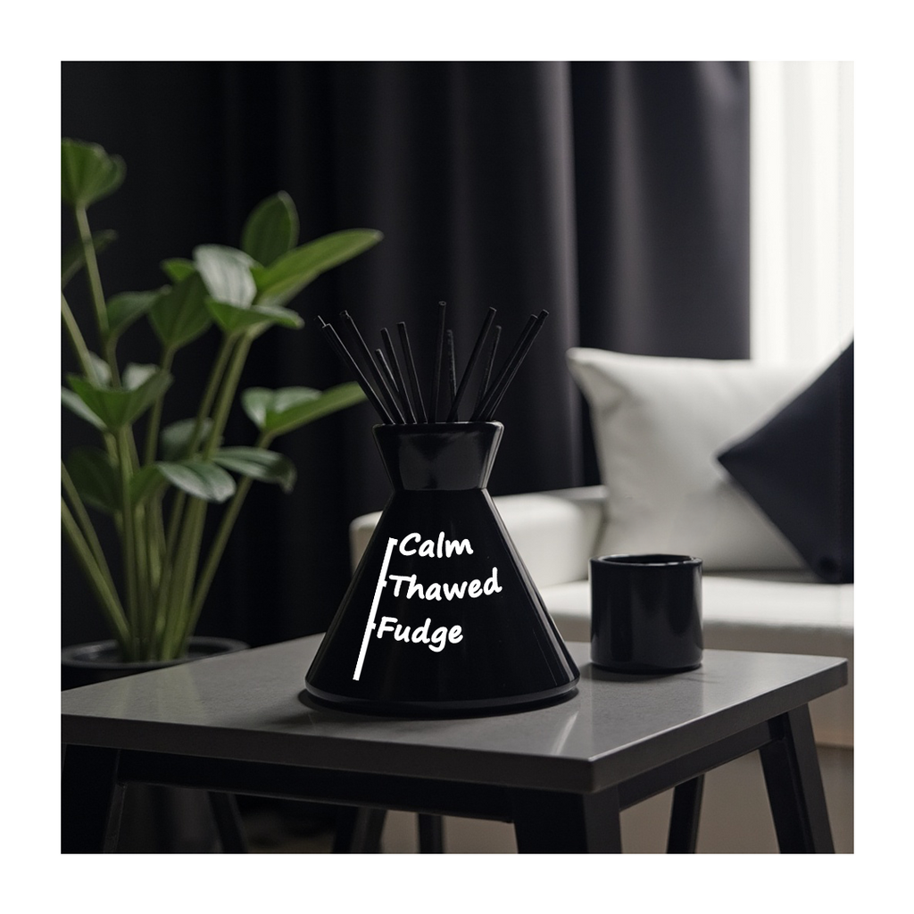 Black diffuser on a table with 'Calm Thawed Fudge' text, plant and sofa in the background