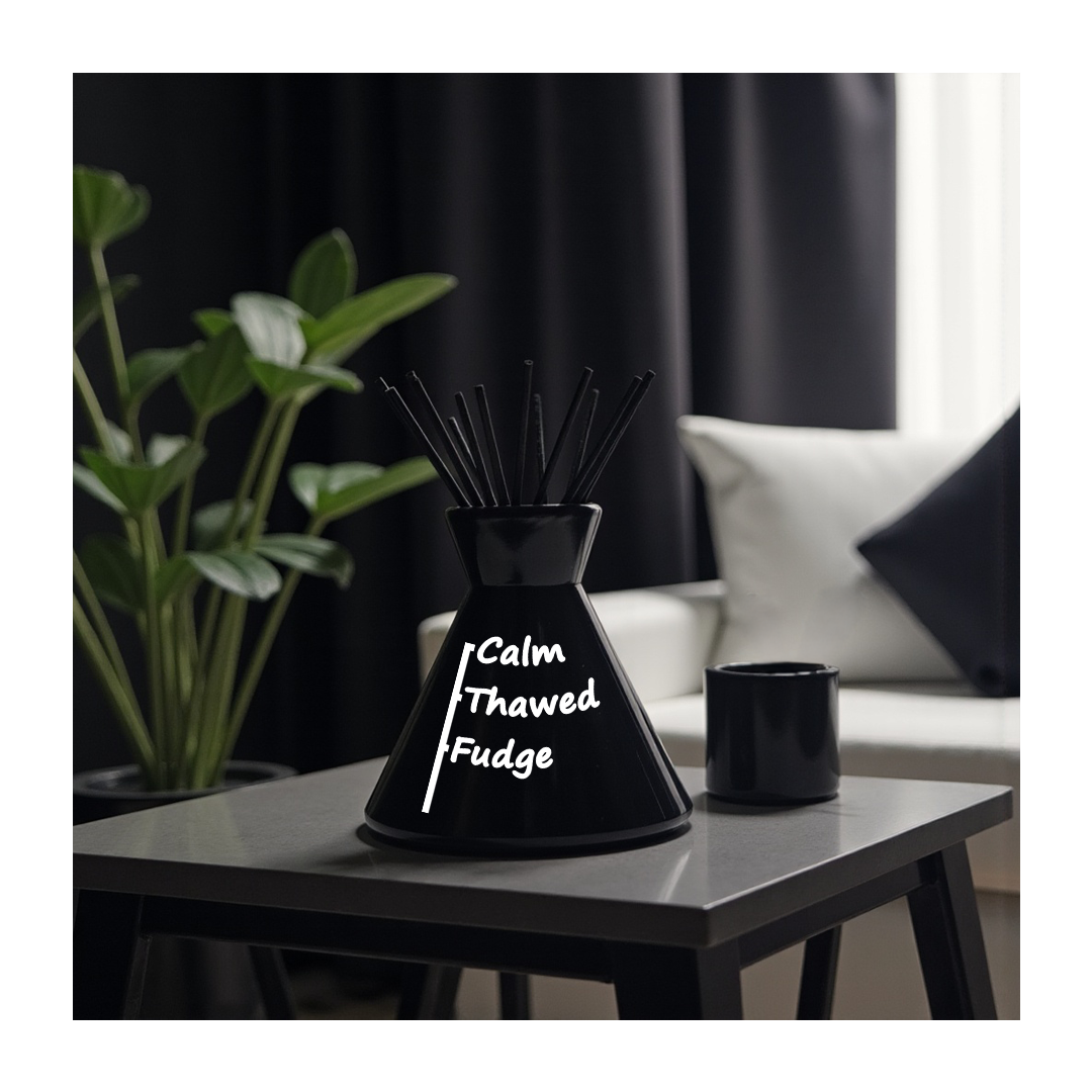 Black diffuser on a table with 'Calm Thawed Fudge' text, plant and sofa in the background