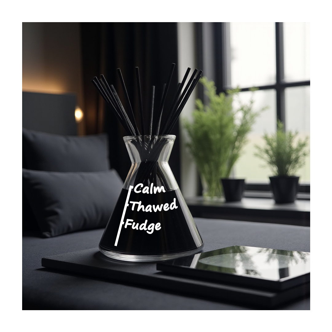 Diffuser with 'Calm Thawed Fudge' text in a modern living room setting