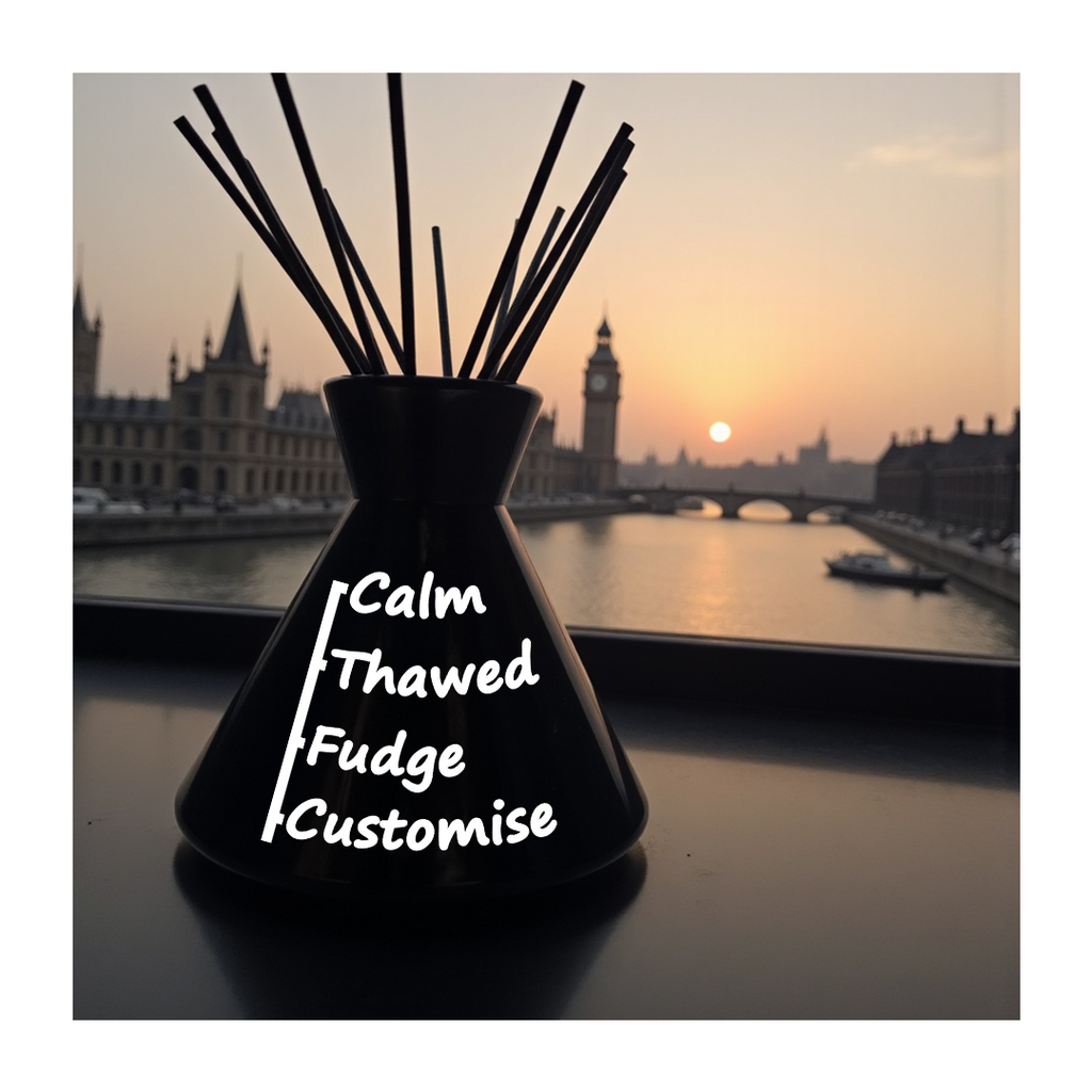Black vase with sticks labeled 'Calm', 'Thawed', 'Fudge', 'Customise' against a sunset cityscape background.