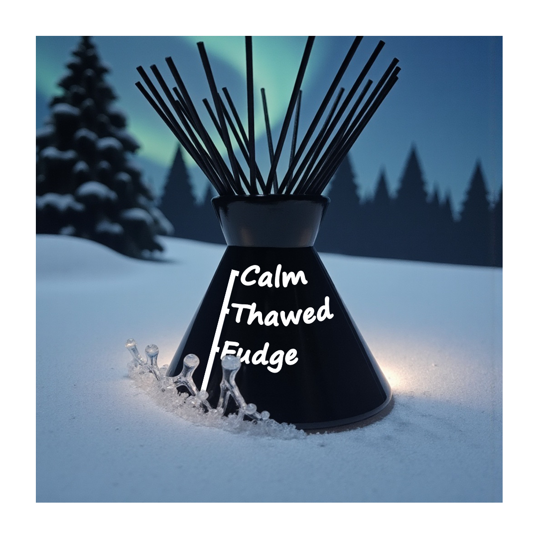 Diffuser with 'Calm Thawed Fudge' text in a snowy landscape