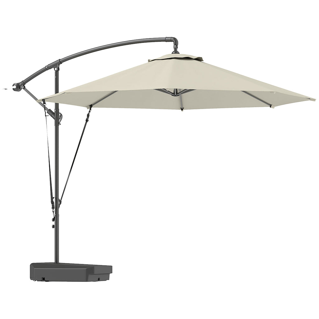Beige patio umbrella with a black stand on a white background