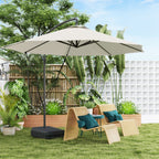 Beige patio umbrella with stand in a garden setting with chairs and plants.