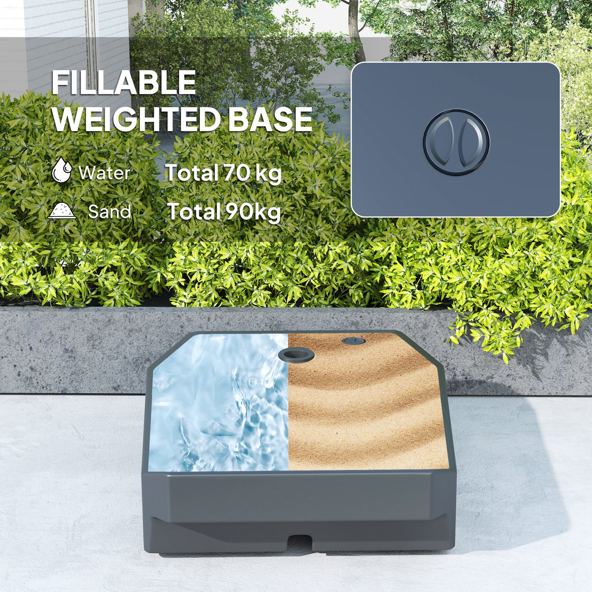 Fillable weighted base with water and sand illustrations, labeled capacities, and outdoor setting.