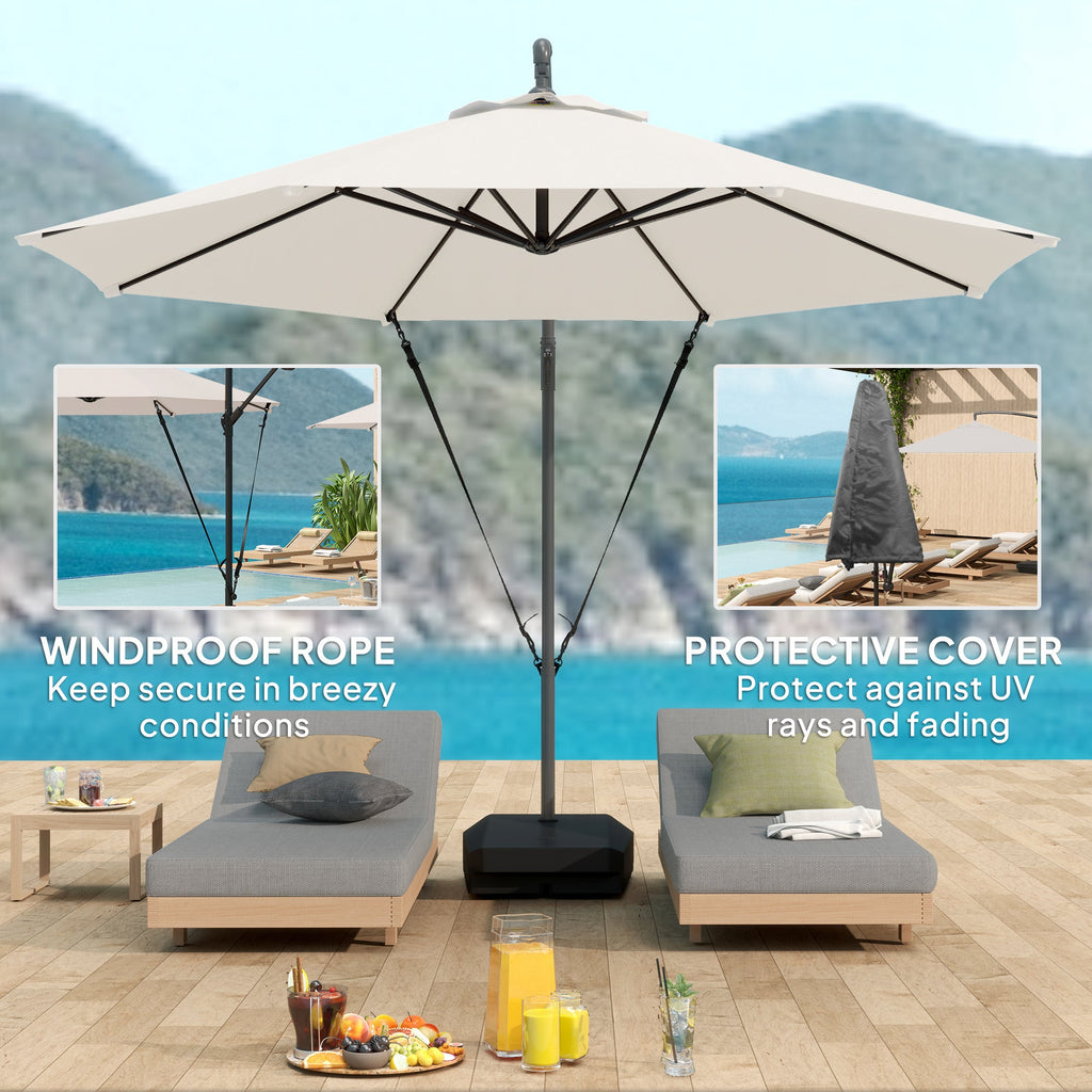 Beige patio umbrella with windproof rope and protective cover on a patio setting.