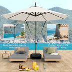 Beige patio umbrella with windproof rope and protective cover on a patio setting.