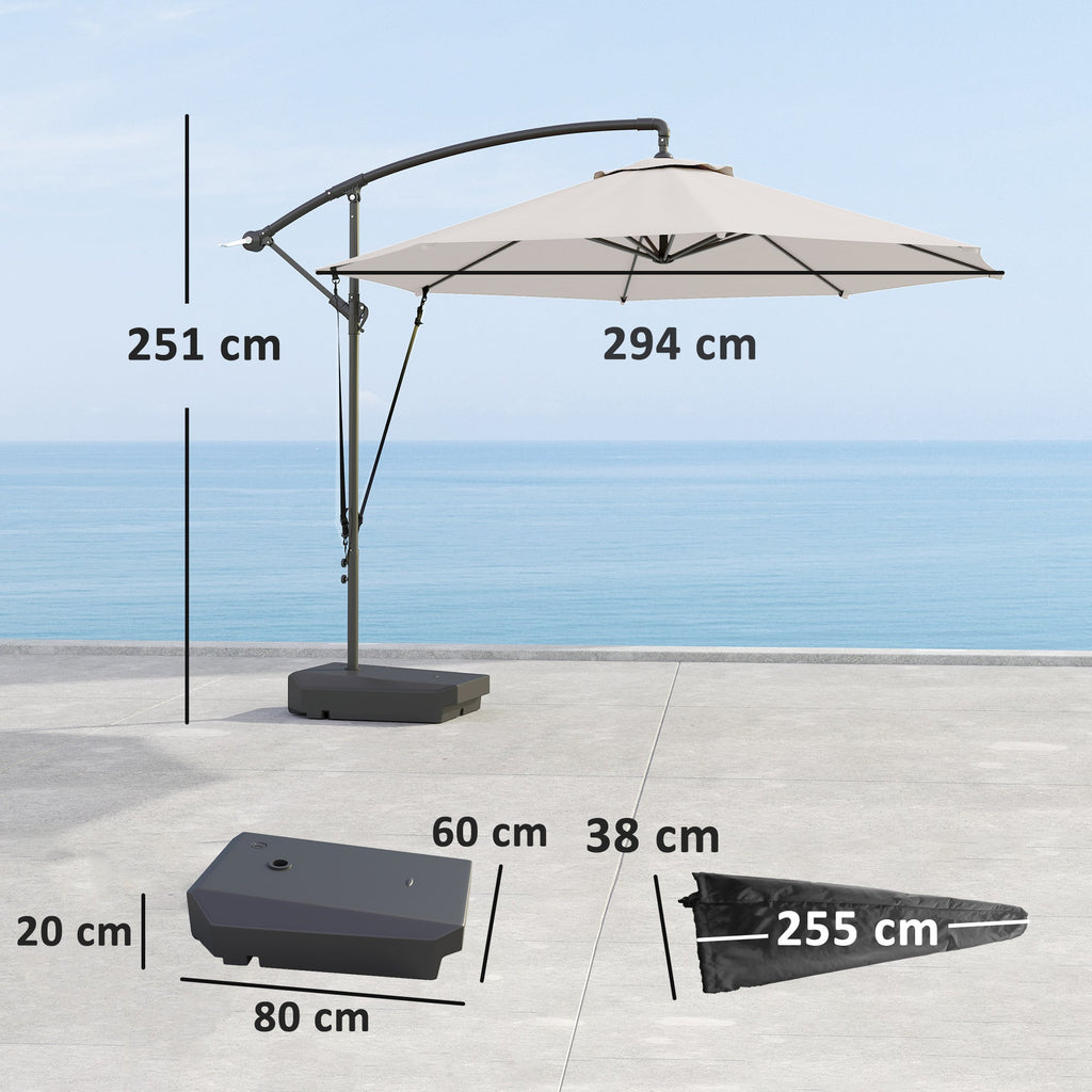 Beige patio umbrella with measurements on a concrete surface and blue sky background