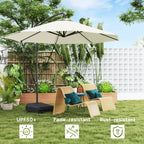Beige patio umbrella with garden furniture and plants in the background