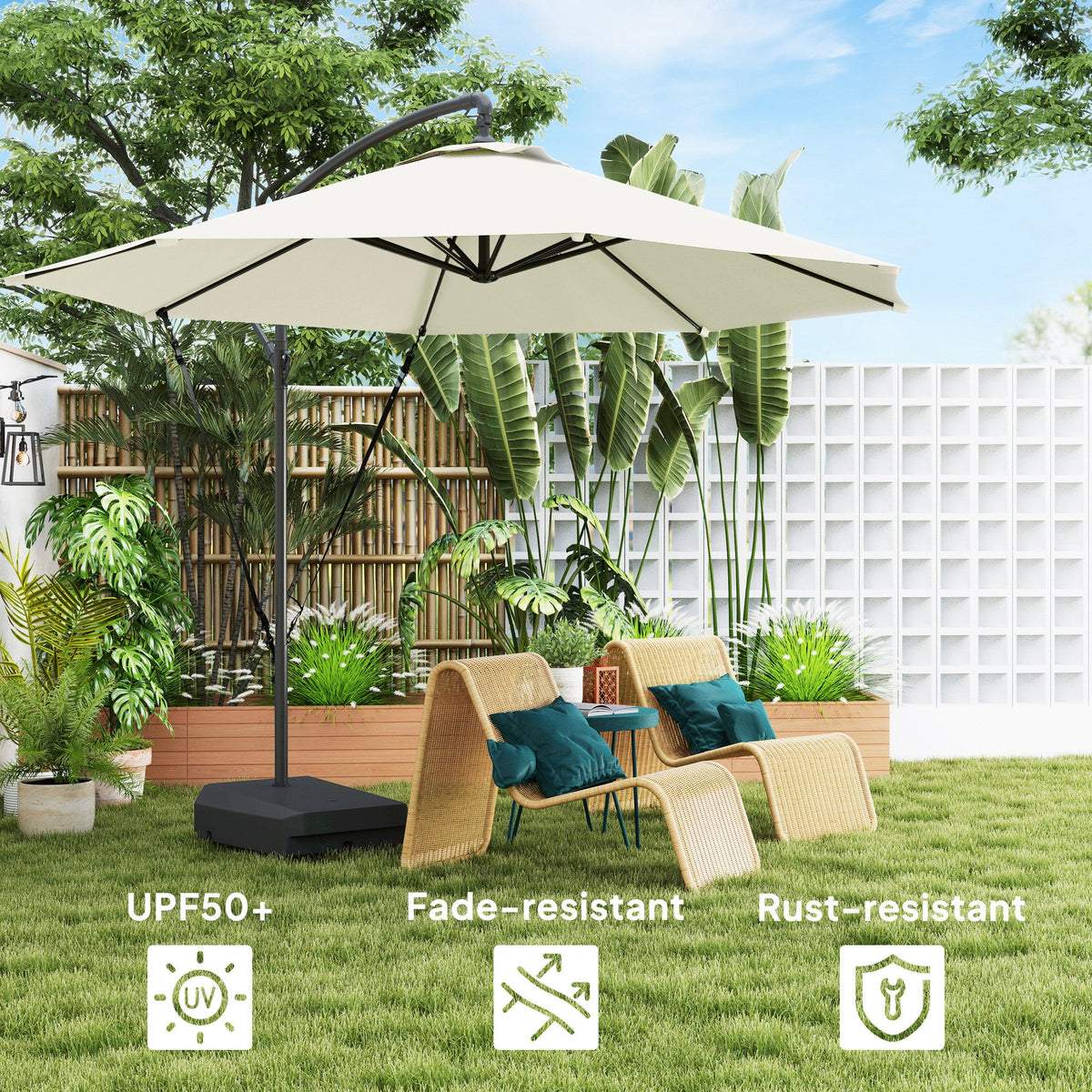 Beige patio umbrella with garden furniture and plants in the background