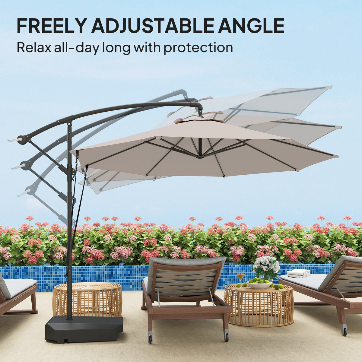 Beige patio umbrella with adjustable arm on a patio with chairs and flowers.