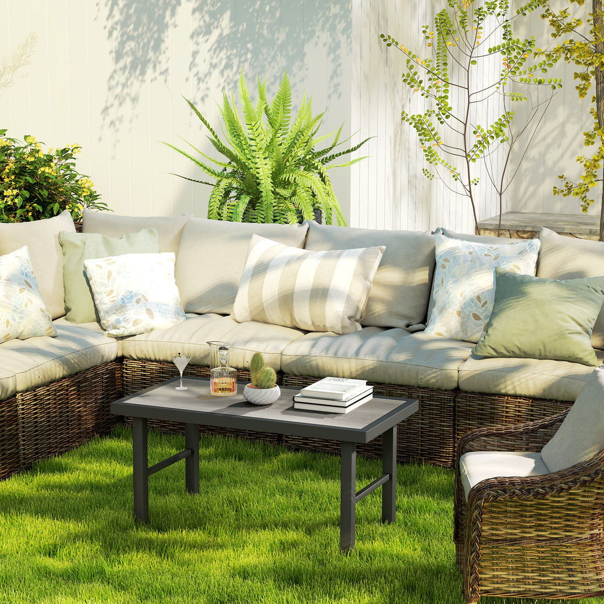 Outsunny Garden Coffee Table with SPC Woodgrain Tabletop