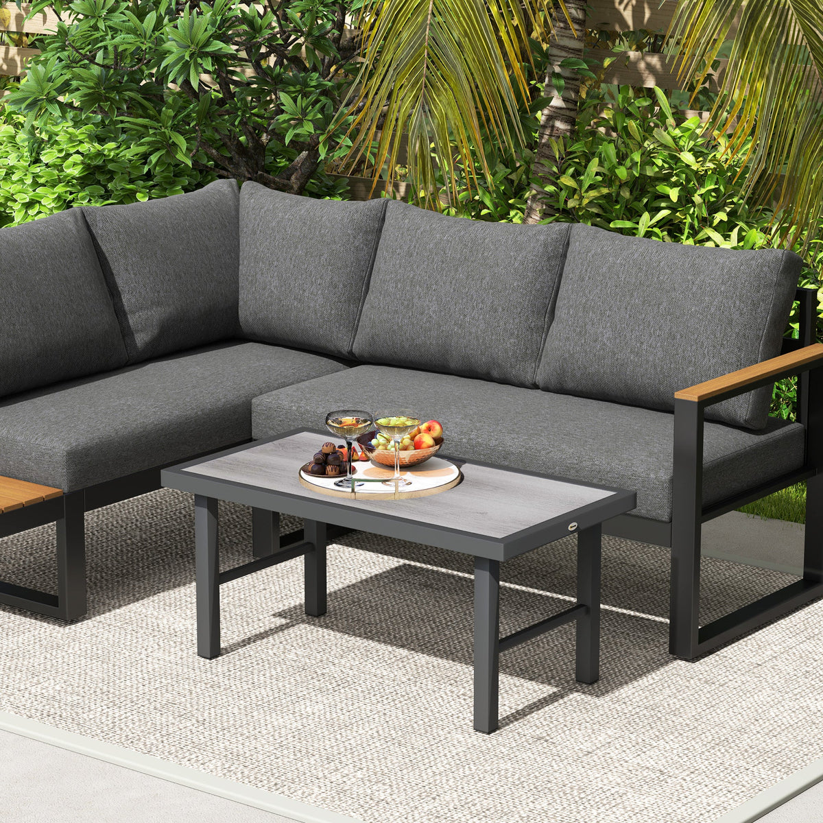 Outsunny Garden Coffee Table with SPC Woodgrain Tabletop