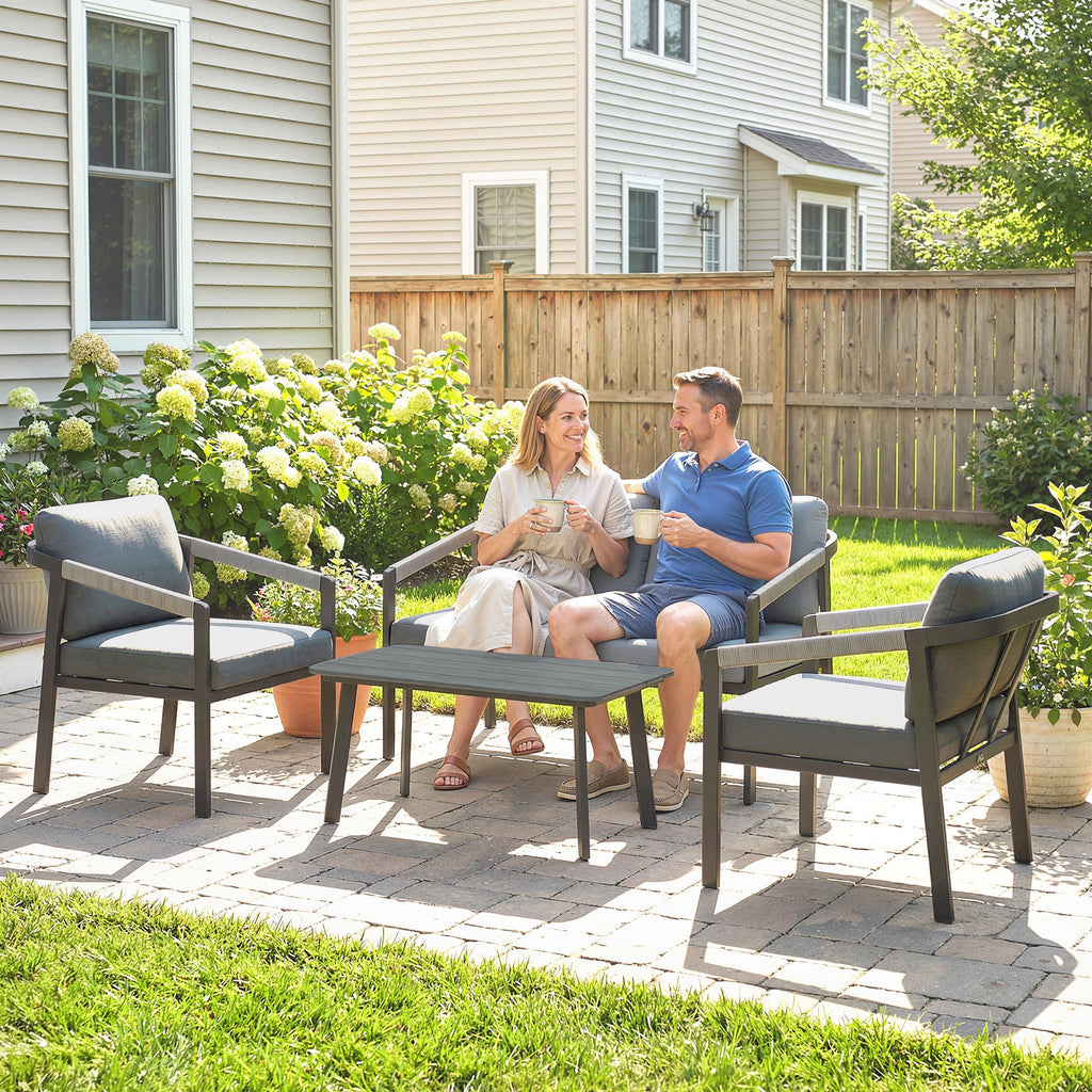 Outsunny Aluminium Garden Furniture Set, 4 Seater Outdoor Patio Furniture with Loveseat, 2 Armchairs, Slatted Table