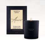 Black Shifa Aromas candle with packaging on a white background