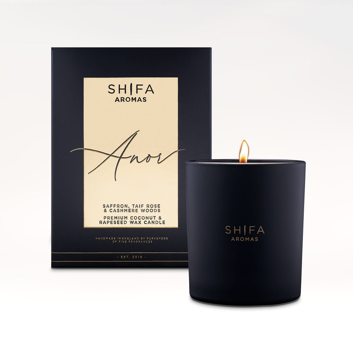 Black Shifa Aromas candle with packaging on a white background