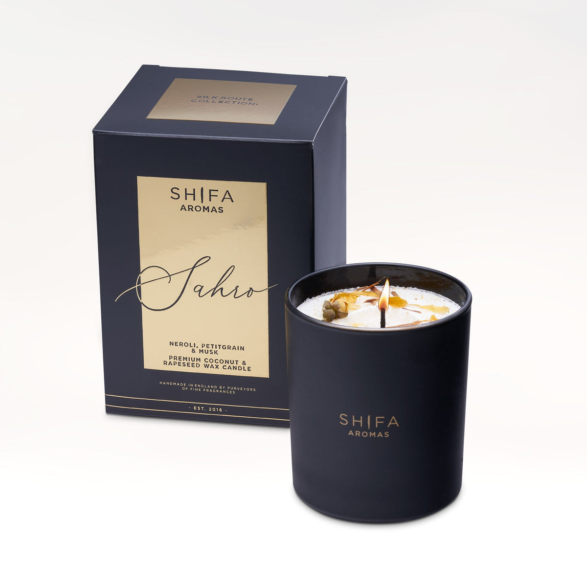 Shifa Aromas candle and packaging on a white background