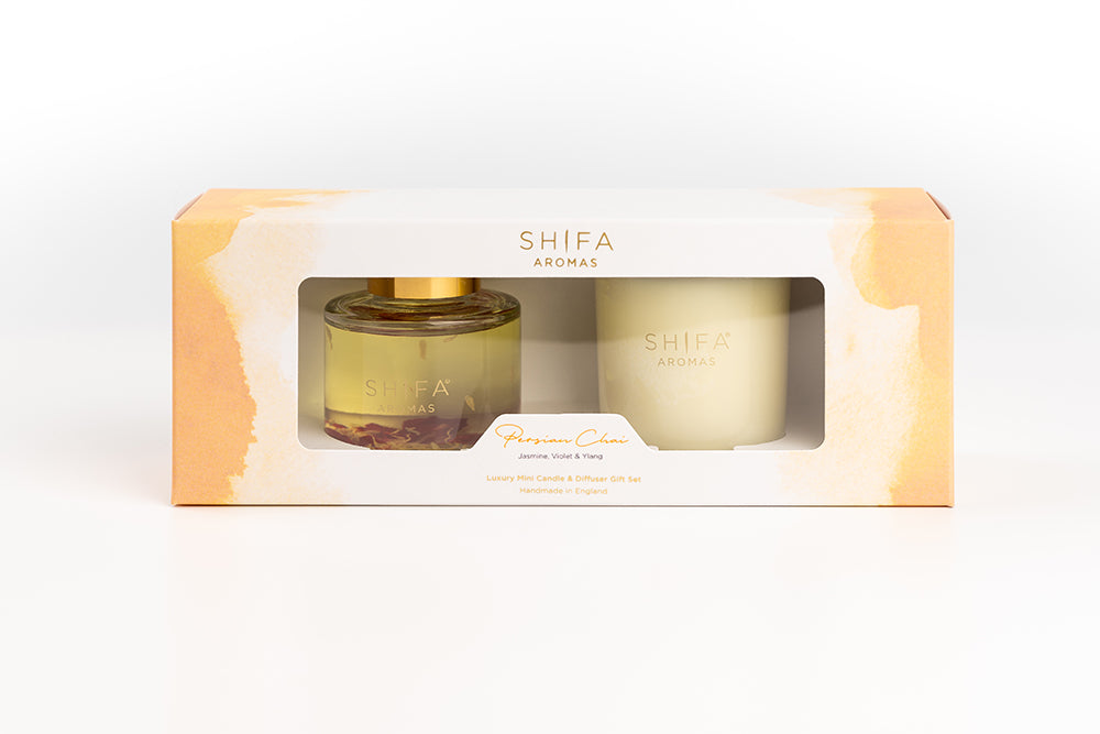 Shifa Aromas candle and diffuser set in a box on a white background