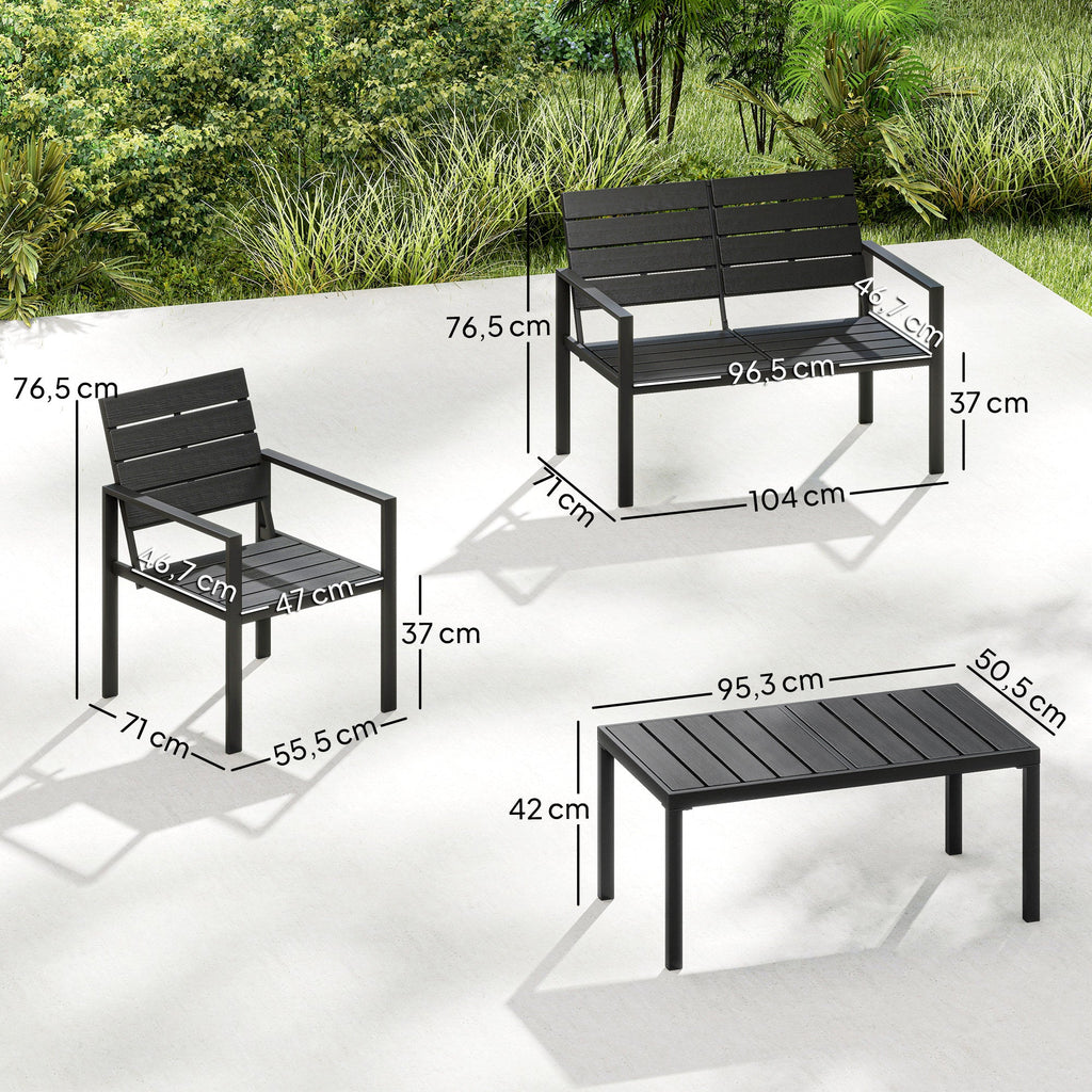 Outsunny 4 Piece Garden Furniture Set, Outdoor Sofa Set with HDPE Slatted Loveseat Armchairs Coffee Table Metal Frame, Black