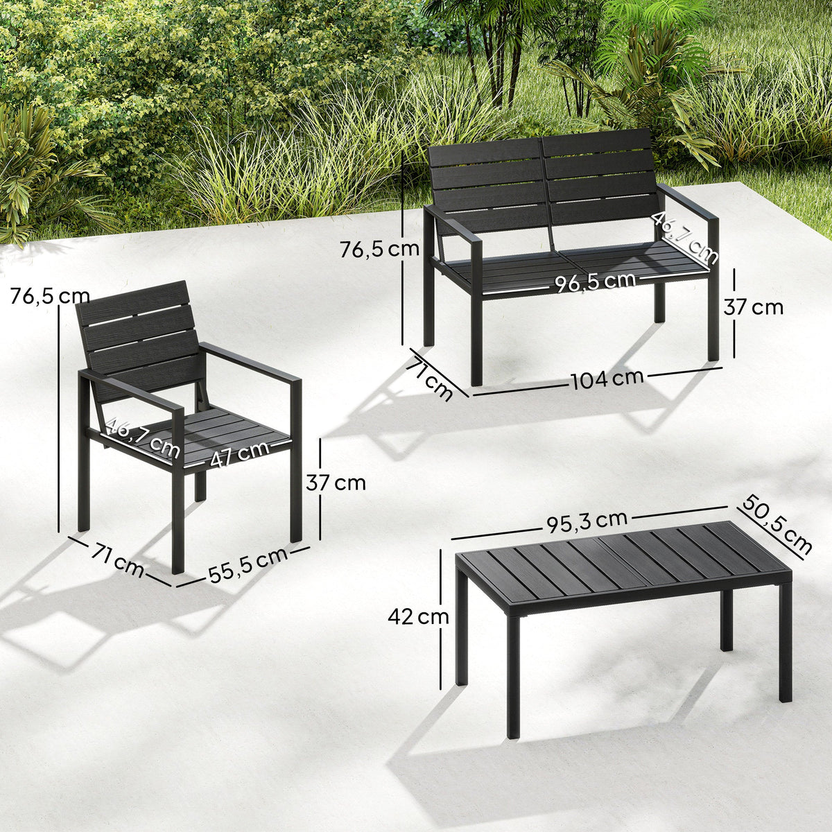 Outsunny 4 Piece Garden Furniture Set, Outdoor Sofa Set with HDPE Slatted Loveseat Armchairs Coffee Table Metal Frame, Black