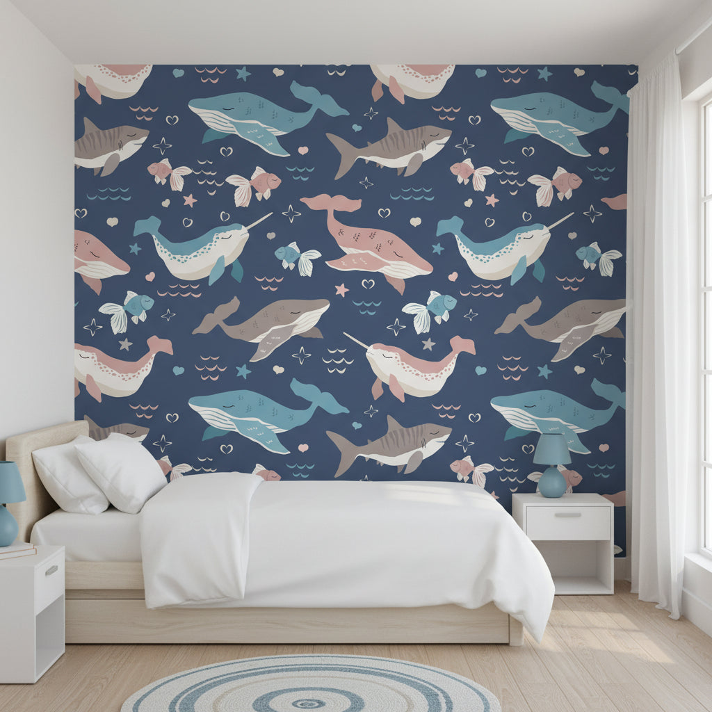 Pattern of cartoon whales, sharks, and narwhals on a blue background