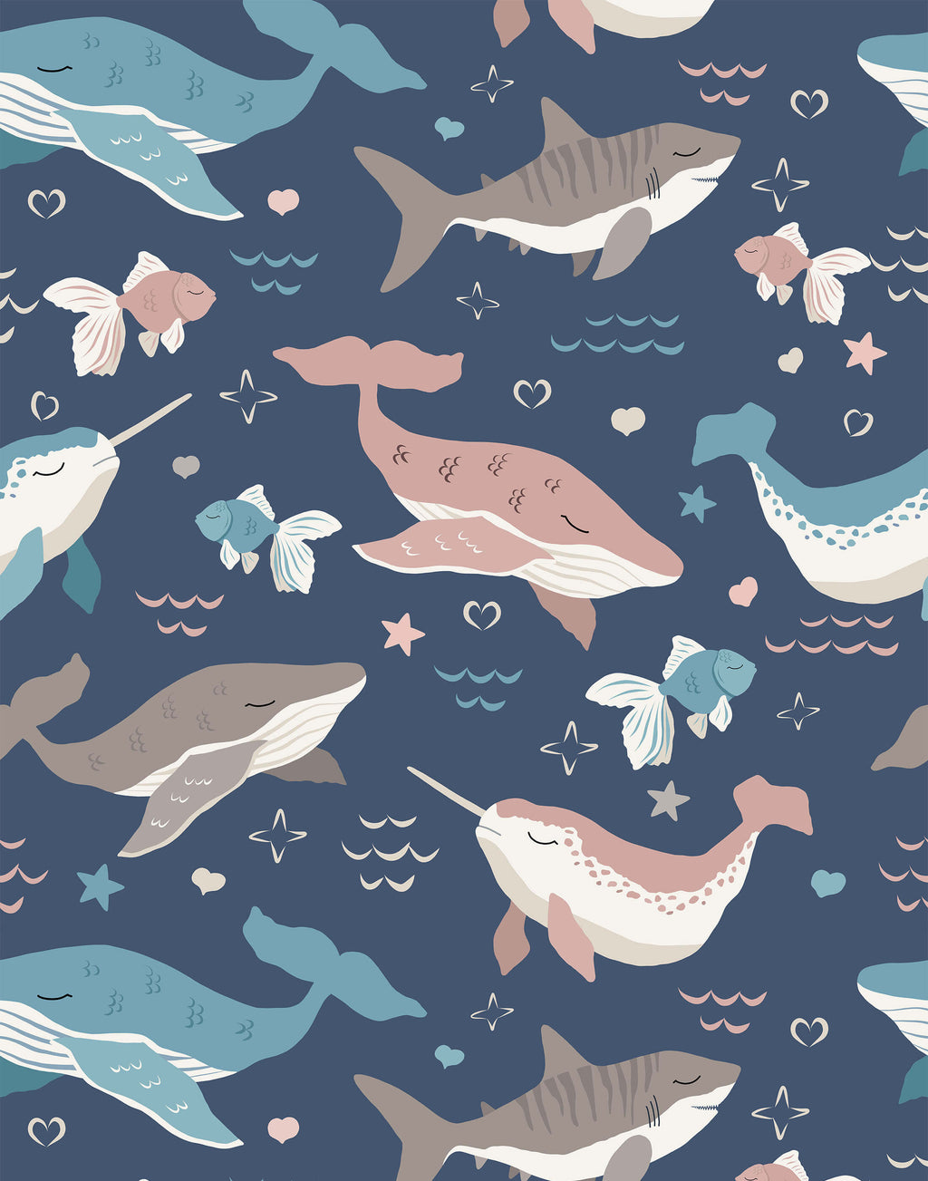 Pattern of cartoon whales, sharks, and fish on a blue background