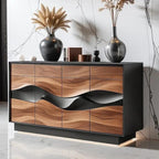 Modern wooden dresser with wavy design on a marble floor
