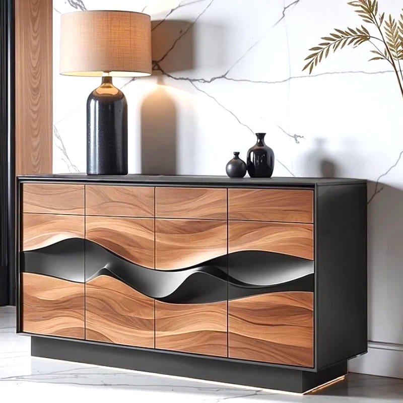 Wooden sideboard with wavy design in a modern interior setting