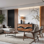 Modern living room with a sectional sofa, coffee table, and decorative items.