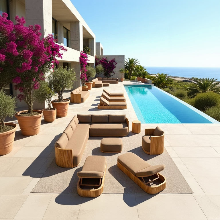 Outdoor patio area with modern furniture and a pool, featuring a clear blue sky and ocean view.