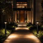 Evening view of a modern building entrance with decorative lighting