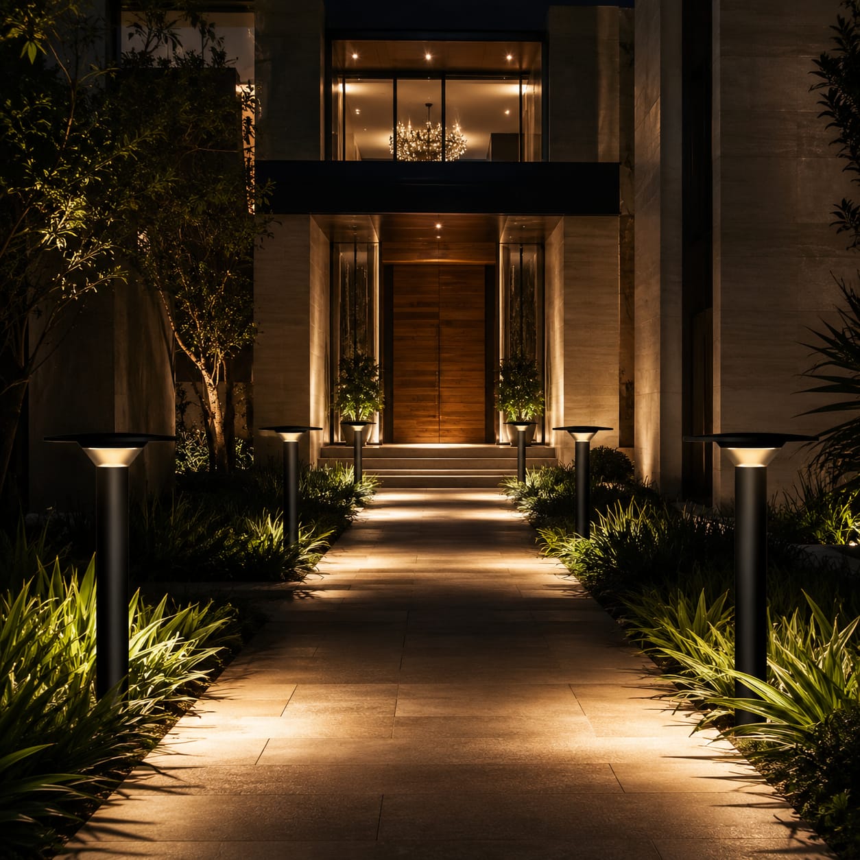 Evening view of a modern building entrance with decorative lighting
