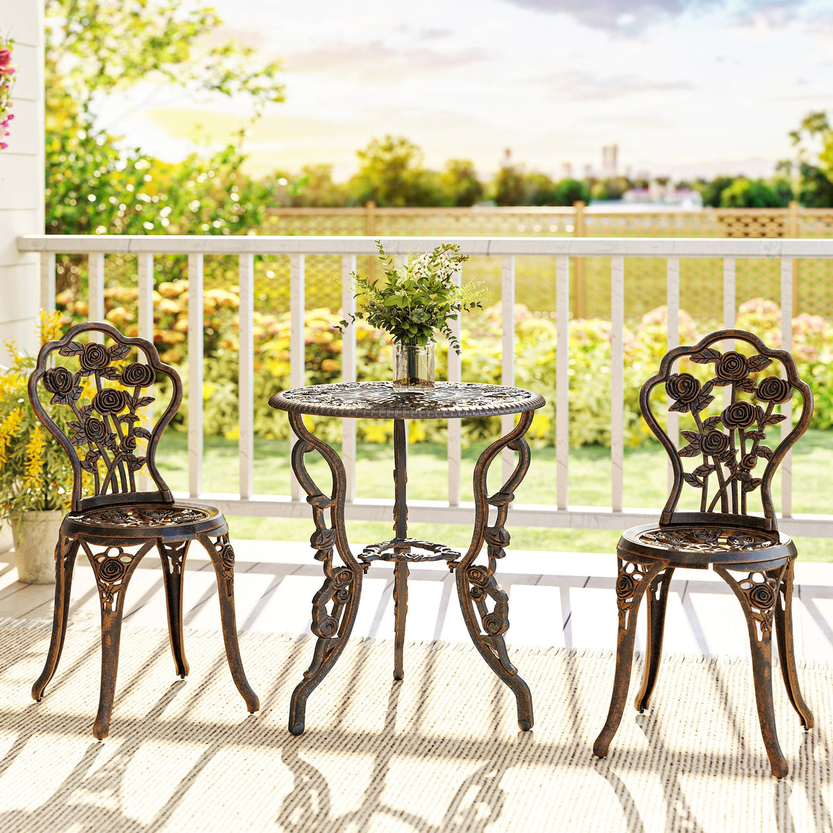 Outsunny Outdoor Bistro Set Vintage Rose Design Patio Furniture Set with Round Table and 2 Chairs Metallic Finish