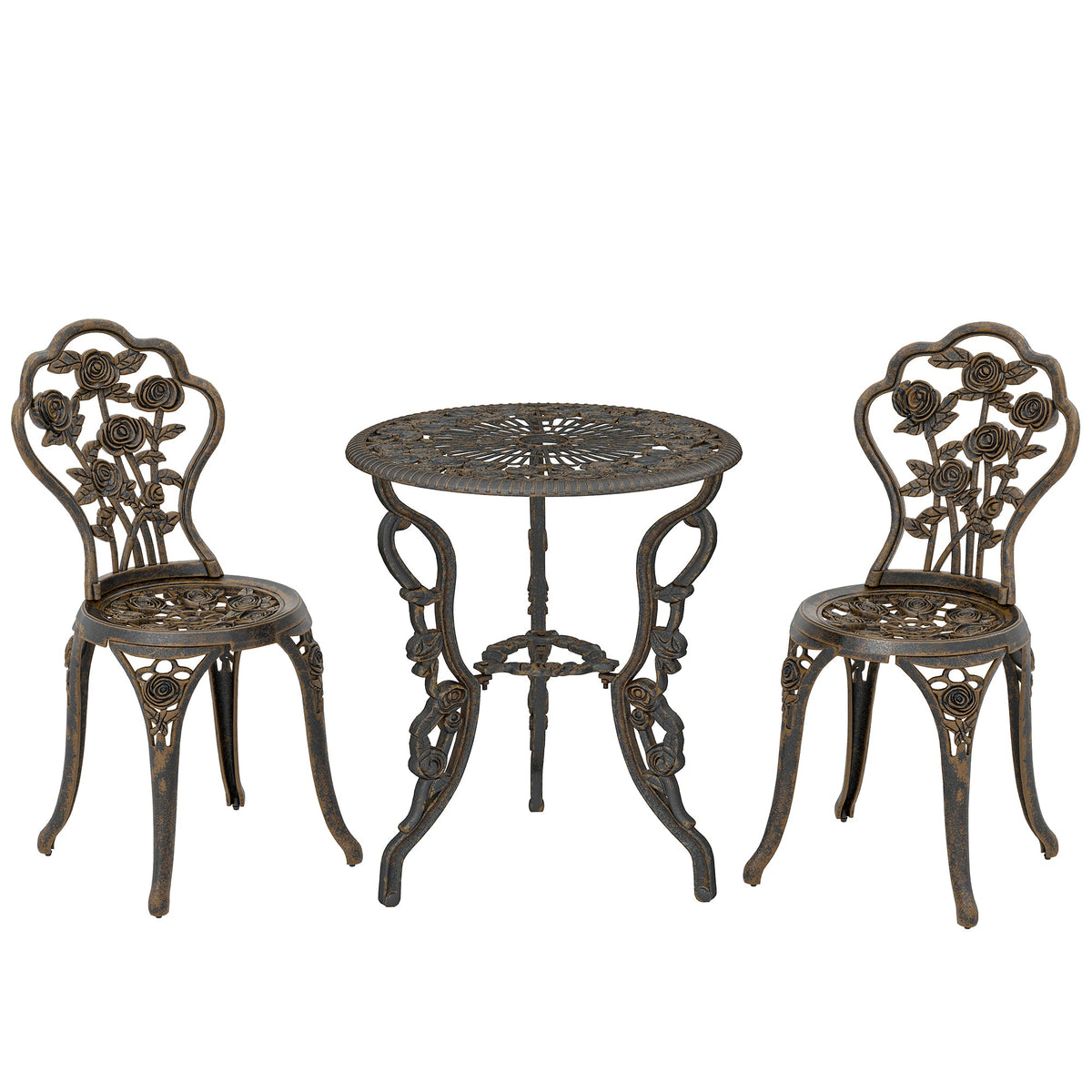 Outsunny Outdoor Bistro Set Vintage Rose Design Patio Furniture Set with Round Table and 2 Chairs Metallic Finish