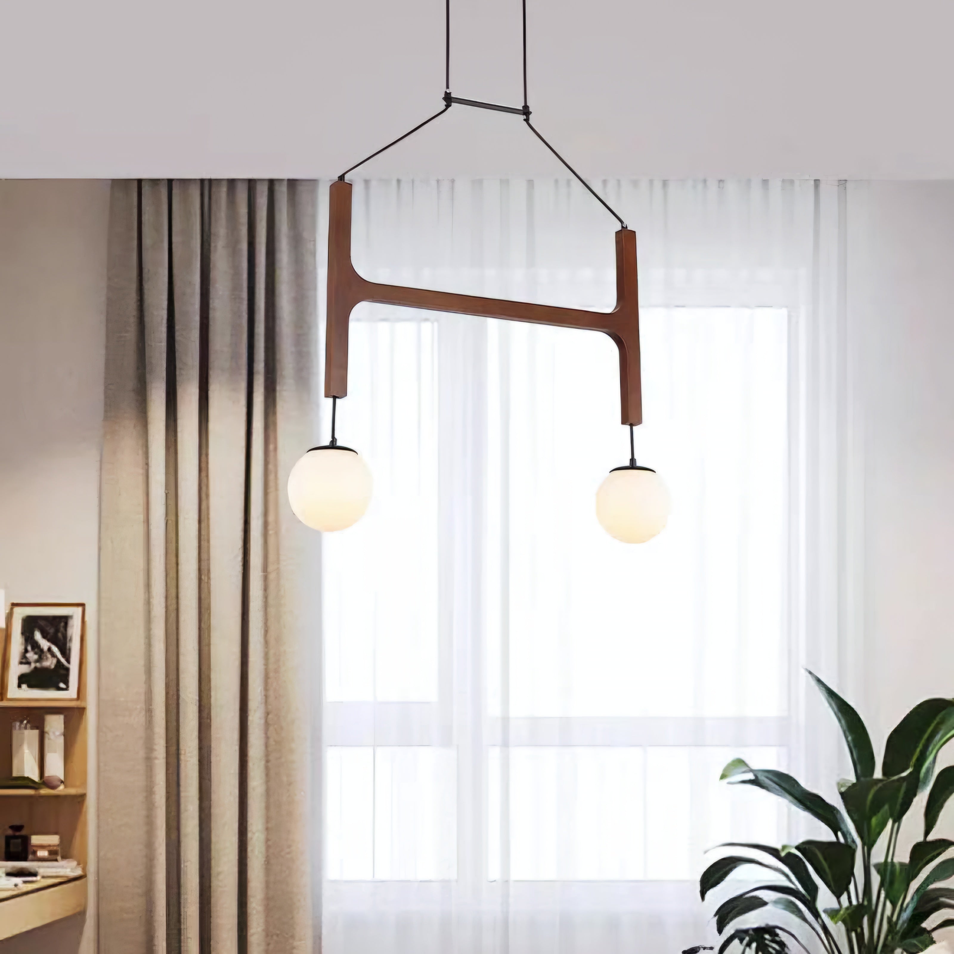 Solid wood staircase chandelier with adjustable three-colour LED lighting