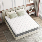 Mattress on a bed in a bedroom setting with pillows and a nightstand.