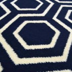 Close-up of a navy blue and white geometric patterned rug.