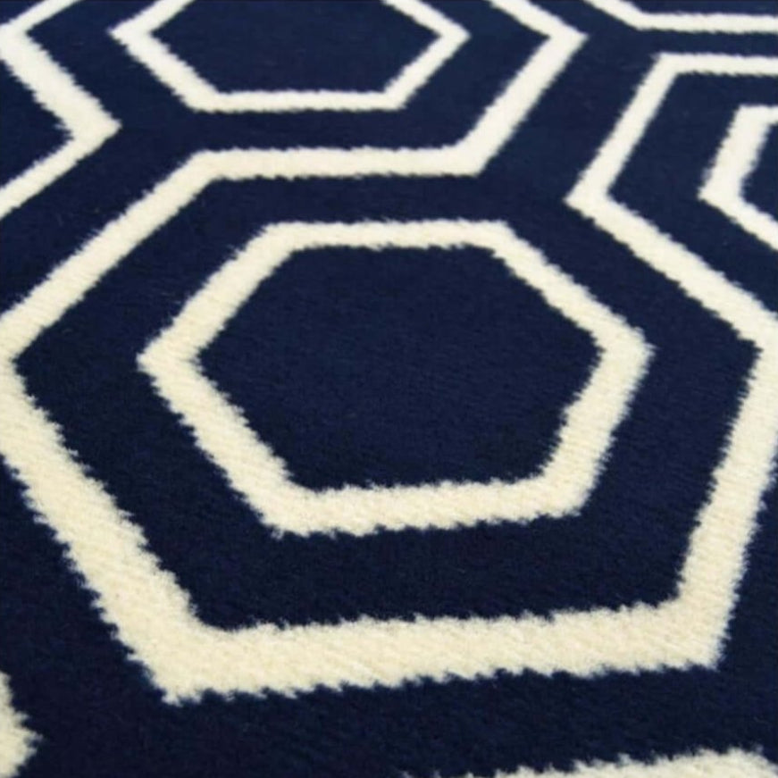 Close-up of a navy blue and white geometric patterned rug.