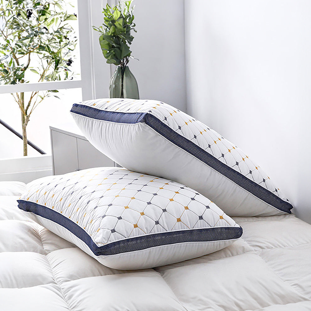 Two white pillows with blue accents on a bed in a bright room with plants.