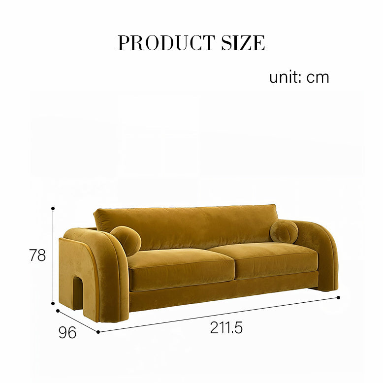 Yellow sofa with dimensions labeled on a white background
