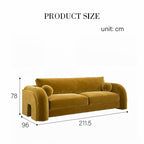 Yellow sofa with dimensions labeled on a white background
