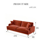 Red sofa with dimensions labeled in centimeters on a white background
