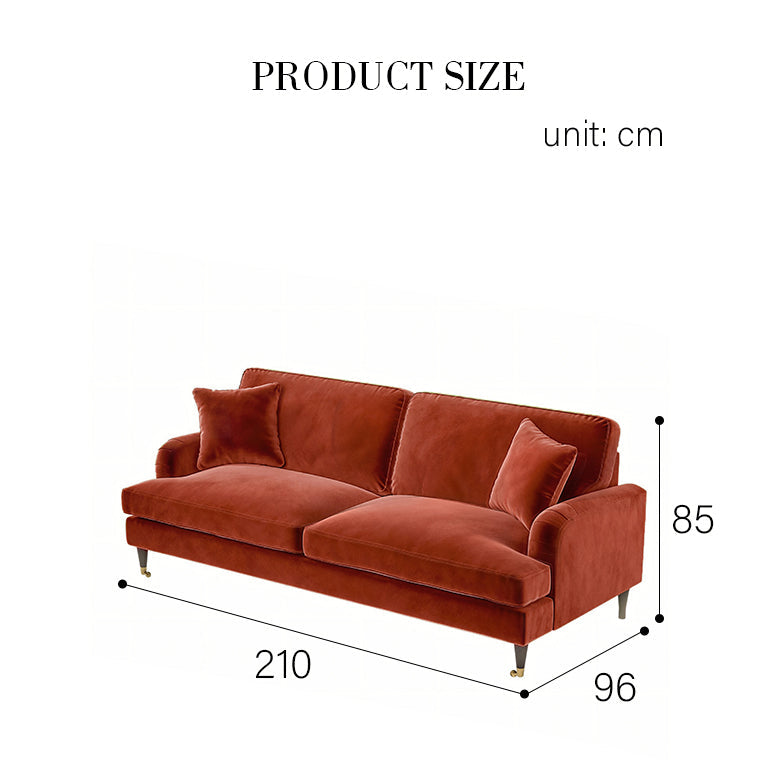 Red sofa with dimensions labeled in centimeters on a white background