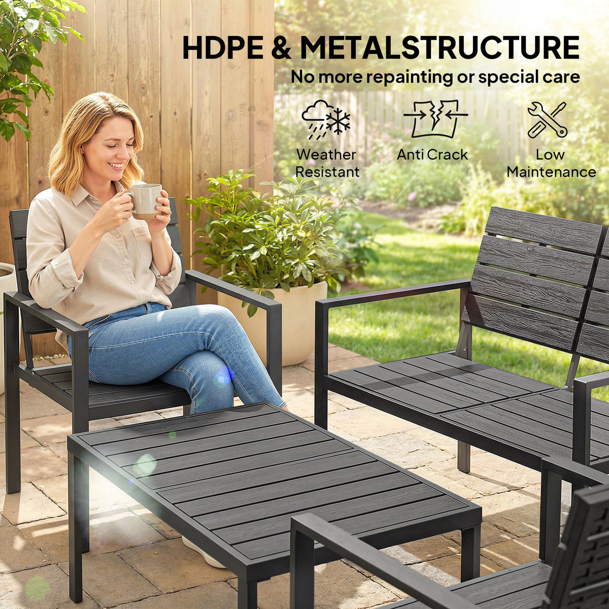 Outsunny 4 Piece Garden Furniture Set, Outdoor Sofa Set with HDPE Slatted Loveseat Armchairs Coffee Table Metal Frame, Black