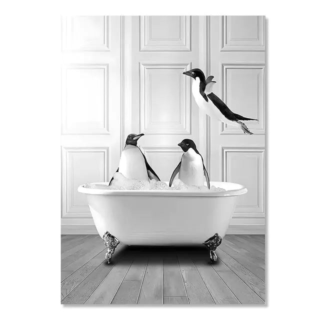 Modern Animal Bathroom Poster – Black & White Canvas Wall Art Print