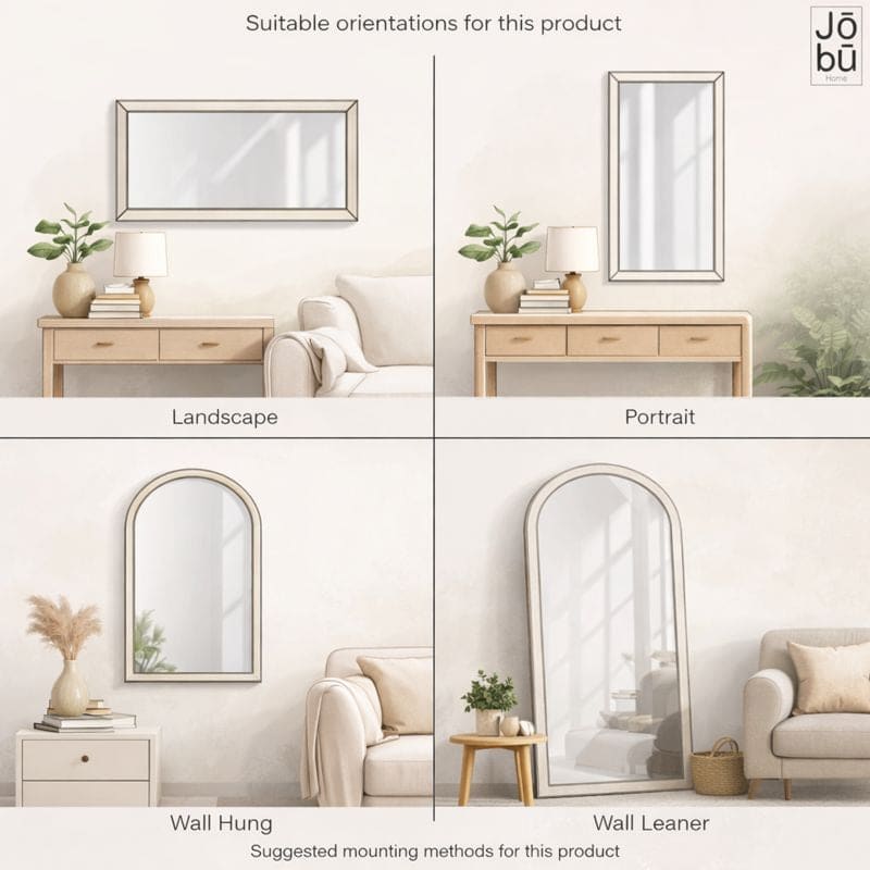 Product display with mirrors in landscape, portrait, wall hung, and wall leaner orientations in a home setting.