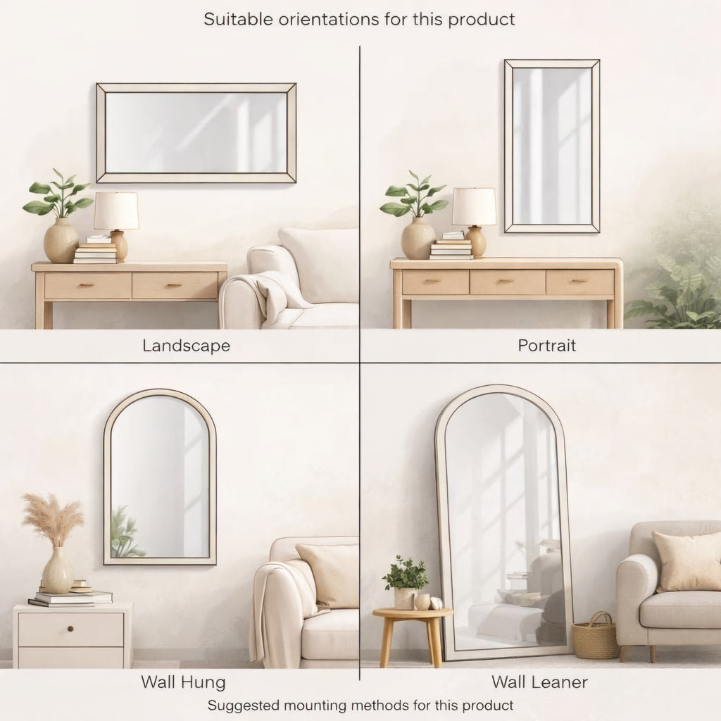 A four-panel product guide showing a wall mirror in different styles and mounting positions: Landscape, Portrait, Wall Hung, and Wall Leaner. Each panel shows the mirror styled in a living room setting above a console table and sofa, with text labels indicating the orientation.