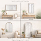 A four-panel product guide showing a wall mirror in different styles and mounting positions: Landscape, Portrait, Wall Hung, and Wall Leaner. Each panel shows the mirror styled in a living room setting above a console table and sofa, with text labels indicating the orientation.